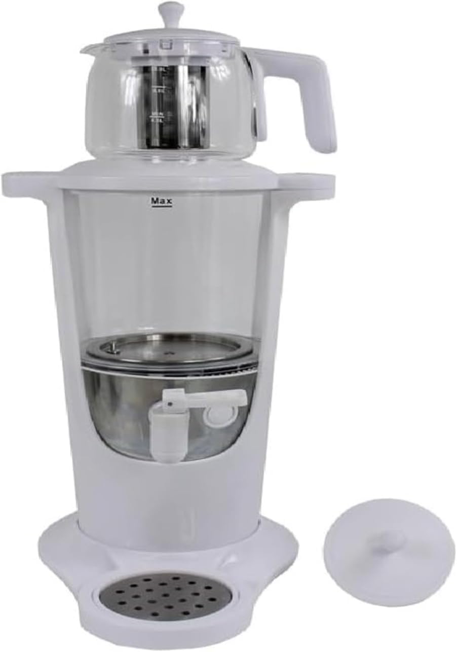 Electric Samovar Russian Persian Turkish Tea Maker Water Kettle Glass Teapot 3.2+1=4.2 Liter 110V 1000w Auto On Off Switch Keep Warm White