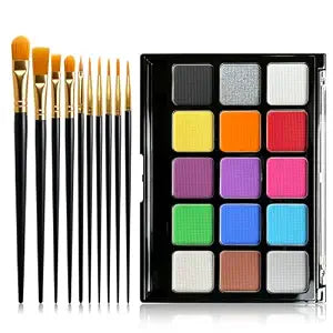 MEICOLY 15 Color Water Activated Face Painting with 10 Brushes,SFX Body Paint Palette for Halloween Clown Makeup,Professional Non-toxic Makeup Kit For Party, Cosplay, Carnival, Festival