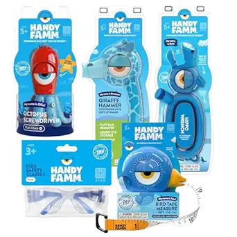 Handy Famm Kids Real Tools Set Bundle  Hammer, Wrench, Screwdriver, Safety Glasses & Tape Measure | 5 Piece STEM DIY Tool Kit for Boys & Girls Ages 5+