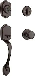 Kwikset Belleview Front Door Lock Handle and Deadbolt Set, Entry Handleset Exterior with Interior Door Knob, Venetian Bronze, Pick Resistant SmartKey Rekey Deadbolt Security, Brown