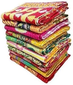 Indian Handmade Vintage Kantha Quilts Tribal Kantha Cotton Bed Cover Throw Assorted Patches Made Rally Reversible Bedspread Throw Cotton Sari Patches Blanket(3Pcs)