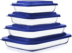 8-Piece Glass Baking Dish Set with Plastic lids,Rectangular Glass Bakeware Set with Lids, Baking Pans for Lasagna, Leftovers, Cooking, Kitchen, Freezer-to-Oven and Dishwasher, Blue
