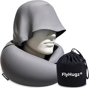 FlyHugz 2.0 Hooded Travel Pillow  2026 Original Release  Memory Foam Neck Pillow with Adjustable Hood & Premium Elastic Washable Cover  First Class Comfort for Flights, Road Trips & Sleep-Gray.