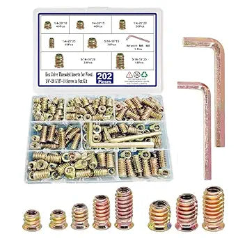 200pcs Threaded Inserts for Wood,1/4"-20 5/16"-18 Screw in Nut Kit,10 Sizes