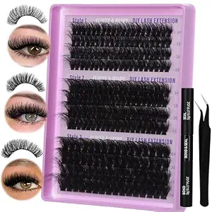 Lash Extension Kit 14-24mm Lash Clusters Kit 60D+80D+100D Thick Volume Eyelash Extension Kit D Curly DIY Individual Lashes 3 Style Lashes with Waterproof Lash Bond and Seal and Tweezers