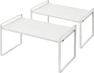 Nxconsu 2 Pack Cabinet Shelf Organizer 16.1"x8.3"x9.5" White, Stackable Kitchen Counter Shelf Riser, Heavy Duty 3mm Steel Storage Rack for Pantry Cupboard Bathroom Under Sink, 50lbs Capacity, Non-Slip