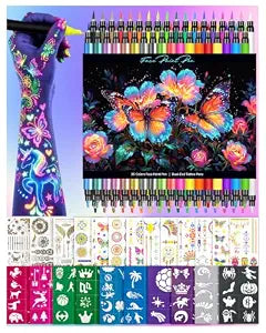 Temporary Tattoo Markers for Skin, 36 Pcs Dual-Tip Matte & Metallic & UV Glow Tattoo Pens, Skin-Safe Tattoo Kit with Tattoo Stencils & Stickers, Washable Body Markers for Kids Teens Adults