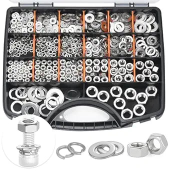 SAE Nuts and Washers Assortment Kit, 600Pcs Hex Nut Spring Lock Washer Flat Washer 304SS 6#-32 8#-32 10#-24 1/4-20 5/16-18 3/8-16 1/2-13 Assorted Washers with Nuts for Screws Bolts
