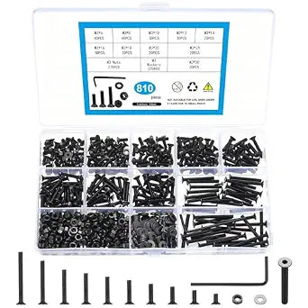 810 Pcs M3 Metric Screw Assortment, Flat Head Machine Screw Assortment Kit, Countersunk Hex Socket Cap Screws Set with Washers, Countersunk Bolts and Nuts Set with Wrench(Black)