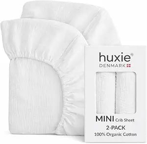 Mini Crib Sheets - Organic Cotton Muslin Fitted MINI 24"x 38" Crib Sheet for Pack and Play - Ultra-Soft and Breathable for Boys and Girls(2-Pack White)