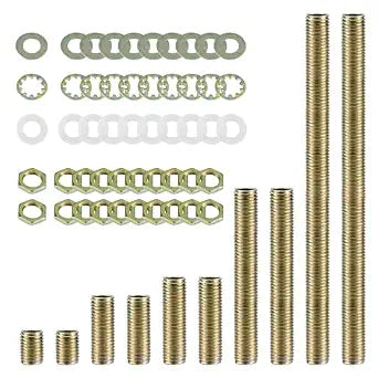 Antique Brass Lamp Repair Hardware Kit - 5 Sizes, 60 Pieces, Includes Pipe Nipples, Lock Nuts, Washers, Perfect for Lamp Assembly & DIY