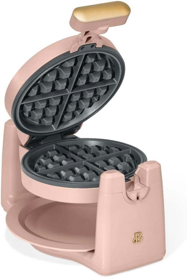 Beautiful Belgian Waffle Maker in Rose Pink with gold accent, Electric Rotating Design, Makes 5 Waffles in less than 10 Minutes, Non-Stick Coating, Fast and Fresh Breakfast Machine