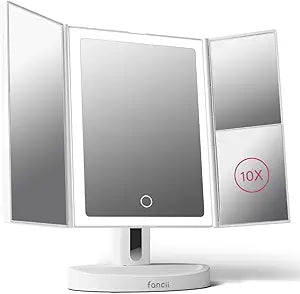 Fancii LED Lighted Vanity Makeup Mirror, Rechargeable Trifold Mirror with 5X & 10x Magnifications - 68 Dimmable Natural Lights, Touch Screen, Best Adjustable Make Up Mirror with Cosmetic Stand