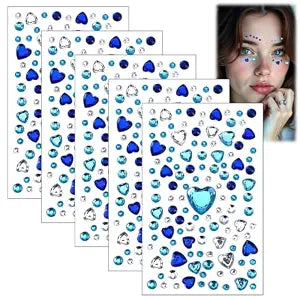 6 Sheets Blue Face Gems Stick, Hair Jewels Rhinestone Heart Face Jewels Stickers Self Adhesive Body Gem Glitter Heart Stickers Festival Makeup Gems for Women Body Eyes Nails Makeup Crafts