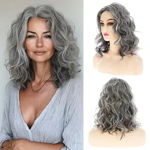 Curly Wavy Grey Wigs for Women Medium Long Synthetic Modern Cosplay Hair Wig