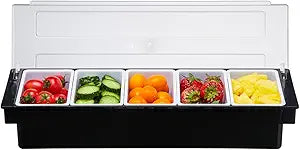 Ice Cooled Condiment Serving Container-6 Compartment Chilled Garnish Tray Bar Caddy with Hinged Lid (6 Compartments)
