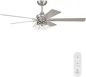 DESIGNERS FOUNTAIN Charney 52 Inch Indoor Traditional Ceiling Fan, Clear Glass Shades, Remote Control, Brushed Nickel