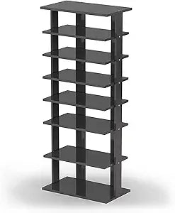 Squareful 7-Tier Wooden Shoe Rack, Modern Vertical Shoe Organizer, Multifunctional Shoe Tower Storage Stand, Space Saving Shelves for entryway, Bedroom, Hallway (Black, Large)