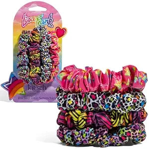 Lisa Frank x Kitsch Ruched Satin Scrunchies for Women- Rainbow Leopard 4pcs