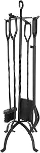Fireplace Tools Set 5 Pieces - Lightweight Wrought Iron Fire Pit Accessories for Indoor Outdoor, Includes Sturdy Stand, Poker, Shovel, Brush & Tongs - Modern Fire Place Kit for Wood Stove