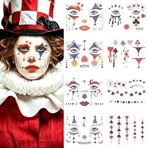8 Pcs Horror Clown Face Makeup Tattoos Stickers Glitter Red Queen Eyeshadow Temporary Sticker Scary Halloween Fake Blush Freckles Face Tattoos for Day of Dead Carnival Party Decoration