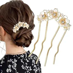Pearl Flower Hair Clips for Women U-Shaped French Hair Pin Flower Hairclips Gold Hairpin Clip Metal Bun Maker Floral Hairpins Wedding Hair Accessories for Girls Ladies Brides Bridesmaids