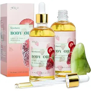 MR.A 2 Pack Strawberry Body Oil Juice Scented, Vitamin E Body Oil after Shower, Strawberry Shortcake Body Moisturizer Bath Oil for Dry Skin, Guasha Oil with Guasha Tool