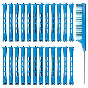 Coolrunner Hair Perm Rods Set, 60PCS Blue Plastic Curler Perming Rods with Steel Pintail Comb, DIY Hair Curler Styling Tools for Hairdressing Hair (0.9cm)