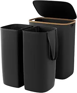 GARPROVM Double Laundry Hamper with Lid 150L Large Laundry Basket with Bamboo Handles Foldable Clothes Hampers with 2 Removable Liner Bags for Laundry for Bedroom Bathroom Dorm Laundry Room, Black