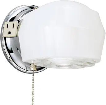 One-Light Classic Wall Fixture with Ground Convenience Outlet and Pull Chain, Chrome Finish Base with White and Crystal Glass