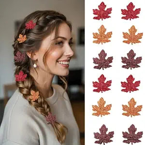 Glitter Maple Leaf Hair Clips 12 Pack Autumn Duckbill Side Hair Barrettes Non-Slip Thanksgiving Themed Glitter Fall Leaf Hair Accessories for Women Girls Holiday Party Daily Hairstyle Decor