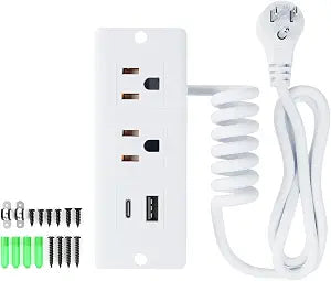 Drawer Outlet Kit, Recessed Furniture Power Strip, PD 20W Fast Charging Horizontal Outlet, Clutter-Free Drawer Socket with 2 USB(A & C) and 2 12 Amp AC Ports, 7.2 FT Power Cord, Spring Cable