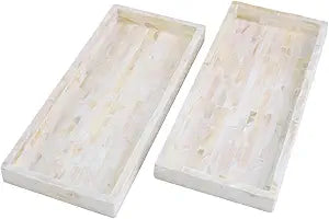 PEMAR Set of 2 Mother of Pearl Bathroom Tray for Counter, 11" Wooden Vanity Tray for Perfume Makeup Kitchen Sink Countertop Organizer, Toilet Tank Tray, Valet Tray (White Tiles)