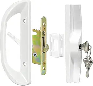 Sliding Patio Door Handle with Lock and Keys for 3-15/16 Screw Hole Spacing, Reversible Design(Non-Handed), Sliding Glass Door Handle Replacement for Balcony Door Thickness 1.5" to 1.75" (White-Gold)