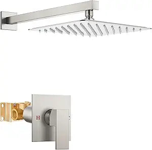 Airuida Shower Faucet Set with Female Thread Rough-in Valve, Rainfall Shower Head and Handle set, Single Function Valve Trim Kit, 10 Inch Brushed Nickel
