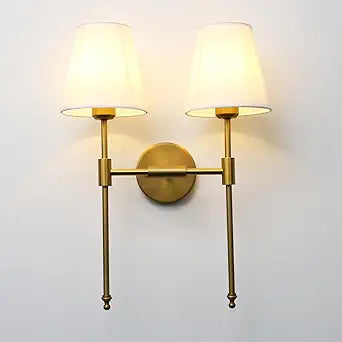 PERMO Classic Rustic Double Sconce Large 2-Lights Wall Sconce with Flared White Textile Lamp Shade and Antique Brass Finished Long Arm, Wall Sconce Light Fixture for Living Room Bathroom Bedroom