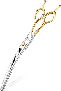JASON Curved Thinning Dog Scissors - Ergonomic Updated Dog Grooming Shears Sharp Curved Blender 440C Stainless Steel Professional Pet Shears for Groomer 7"