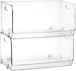 Nicunom 2 Pack Stackable Plastic Storage Bins Open Front, Clear Pantry Organizer Bin Household Food Storage Bin for Kitchen Countertops Cabinet Shelf