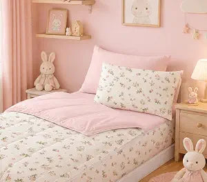 Zipper Bedding Twin for Kids, Bed in a Bag, Floral Printed Comforter Set with All-in-One Zipper Design, Quilt Set for Girls, Includes 1 Zipped Comforter, 1 Fitted Sheet and 2 Pillowcases