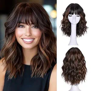 Short Wavy Wig with Bangs for Women Natural Curly Wavy Wig 16inch