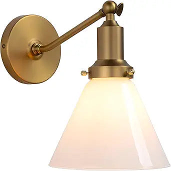 PERMO Industrial Vintage Slope Pole Wall Mount Single Sconce with Funnel Flared Milk White Glass Shade Wall Sconce Light Lamp Fixture