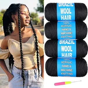 4 Pcs Natural Black Brazilian Wool Hair for Braiding Hair Acrylic Yarn Crochet Box Braids Senegalese Twist Jumbo Braids Faux Locs Crochet Hair for Women Synthetic Braiding Hair Extensions(#1B)