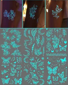 Glow In The Dark Butterfly Temporary Tattoos for Women Girls Adult, 7 Sheets Blue Luminous Flower Butterflies Wings, Waterproof Face Body Arm Stickers Party Decorations Favors