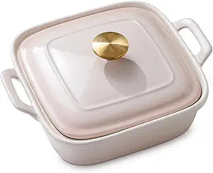 Stoneware Casserole Dish with Lid & Handles  2 Qt Covered Baking Dish Bakeware for Oven, Perfect for Lasagna, Casseroles, Serving & Storage  Blush Pink