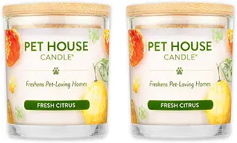 One Fur All Pet House Candle 2 Pack - Plant-Based/Soy - Clean Burning Scented, Long Lasting Pet Odor Candle for Home - Fresh Citrus