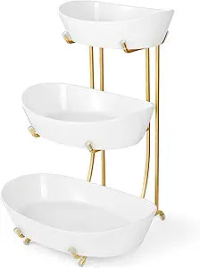 3 Tier Fruit Bowl for Kitchen Counter, No Assembly Required Ceramic Fruit Basket with Metal Stand, Tiered Fruit Stand for Countertop for Fruit, Veggies, Snacks, Cake & Desserts