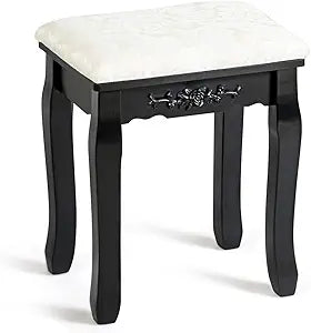 Hysache Makeup Bench, Large Vanity Stool with Soft Piano Seat, Solid Wood Legs, Delicate Carving, Retro Wave Foot Floor Pad, 250lb Capacity for Home, Bedroom, Bathroom (Black) (HW66053)