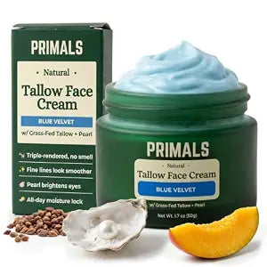 PRIMALS Tallow & Pearl Face Cream - Brightens Under-Eye Bags & Smooths Fine Lines - Grass-Fed Beef Tallow, Pearl Powder & Blue Tansy - 1.7 oz