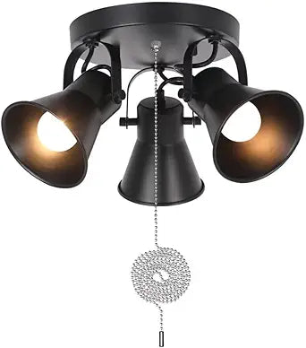 3-Light Industrial Track Lighting with Pull Chain On/Off Switch, Adjustable Round Kitchen Ceiling Light, Morden Black Flush Mount Directional Light for Kitchen, Hallway, Dining Room, Bathroom