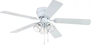 Portage Bay Ceiling 52" Renton White Indoor Fan with Clear 3 Light LED Multi Arm E26/B11 Bulb and Pull-Chains, Traditional Style, 5 Reversible Gray Oak Blades, 51441, 52 Inch
